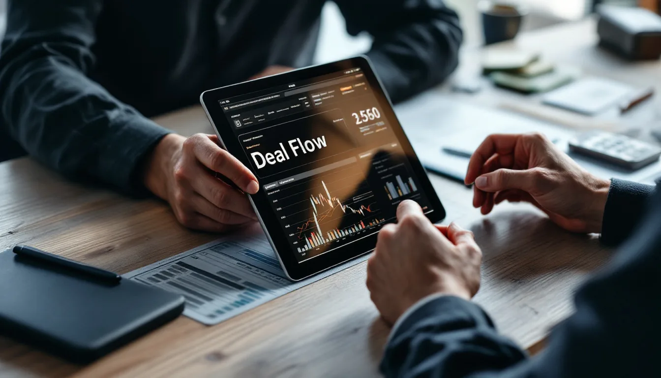 Operator reviewing acquisition deal flow and exit timing on a tablet beside a financial model on a desk