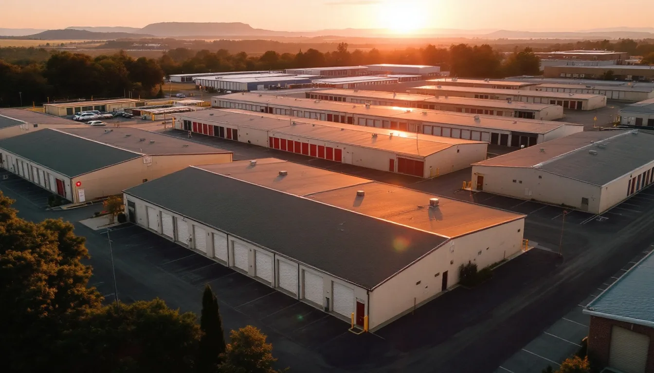 Aerial view of a multi-building self storage facility with <a href=