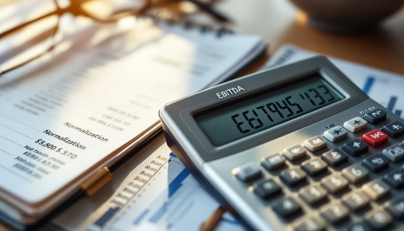 Editorial photograph of a desk with a calculator showing EBITDA calculation, financial statements, and a notebook with normalization notes
