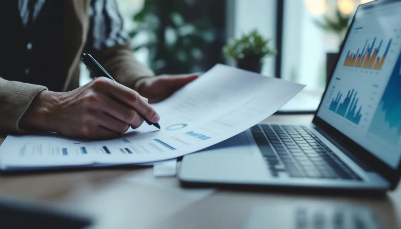 A buyer evaluating financial documents and a business profile at a desk