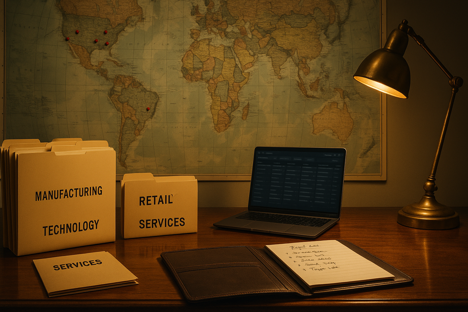 Acquisition entrepreneur sourcing businesses to buy: executive desk with target-business research files, multiple business listing platforms visible on monitor, leather portfolio with notes on prospective deals, brass desk lamp golden light
