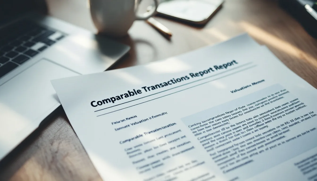 Seller reviewing comparable transaction reports and a financial model on a clean wooden desk in soft daylight