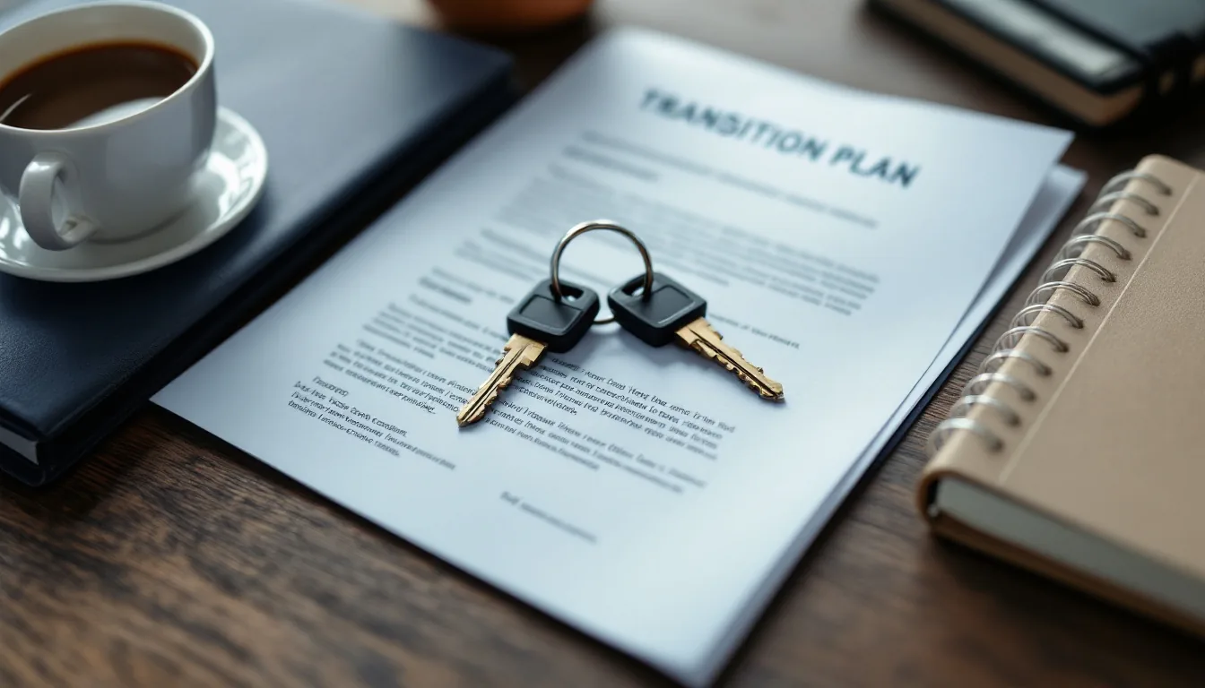 Editorial photograph illustrating how to replace the seller after business acquisition, with a transition checklist, key handover ceremony, and signed acquisition documents