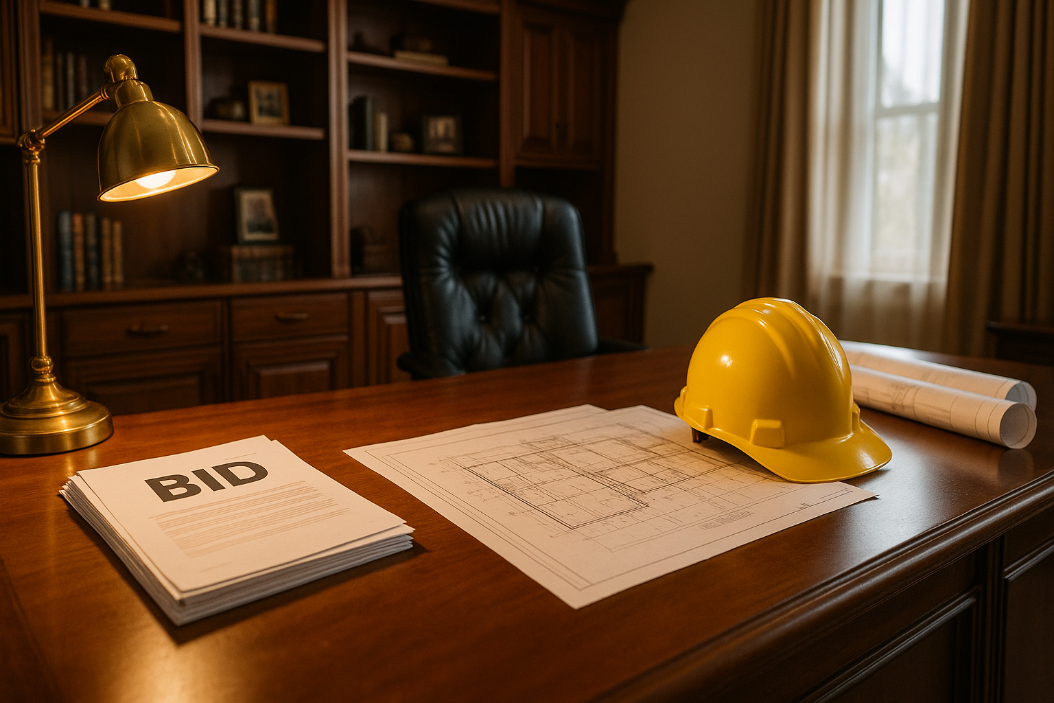 Construction business owner reviewing sale documents at executive desk, with project bids and bonding capacity report visible, hard hat on desk, brass desk lamp golden light