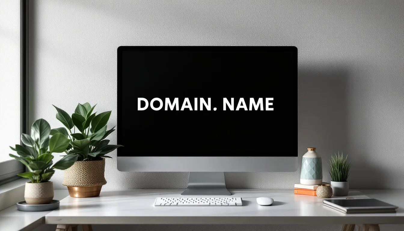A laptop screen displaying a premium domain name listing page