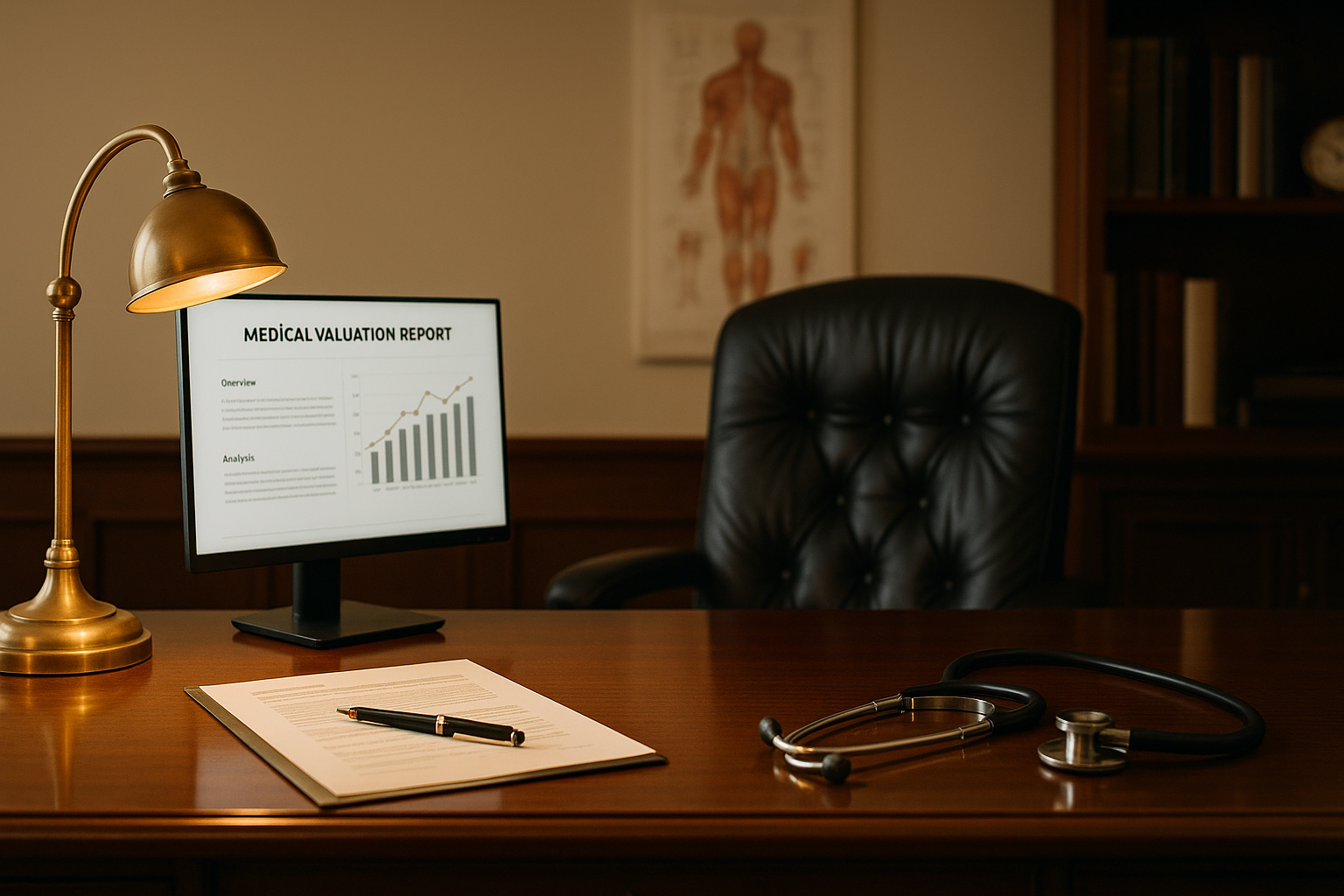 Medical practice founder reviewing sale documents at executive desk, with practice valuation report visible, brass desk lamp casting warm golden light, polished walnut surface