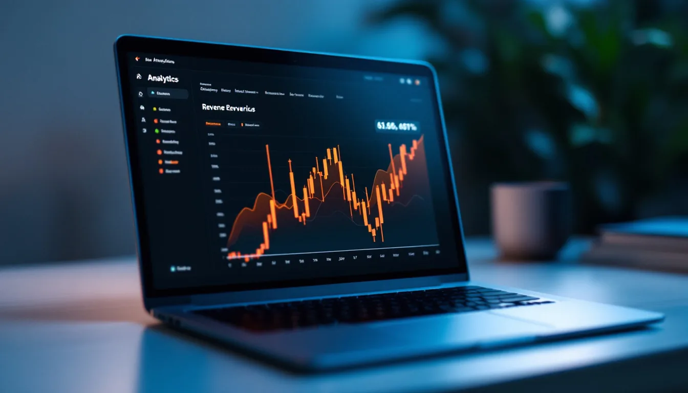 A laptop displaying website analytics dashboard with rising revenue graphs