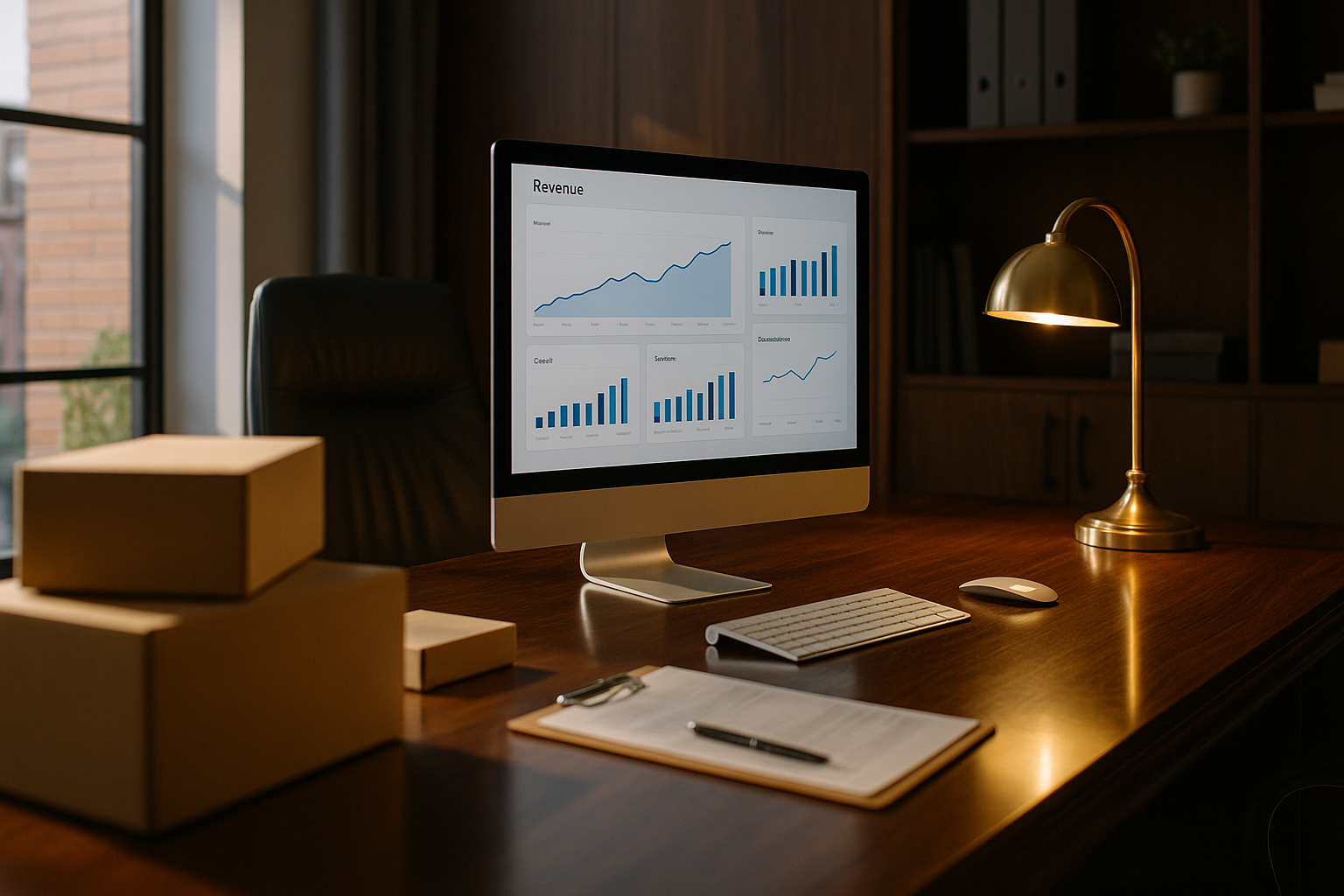 Ecommerce business owner reviewing sale documents at executive desk, with revenue metrics and product catalog visible on monitor, brass desk lamp warm light