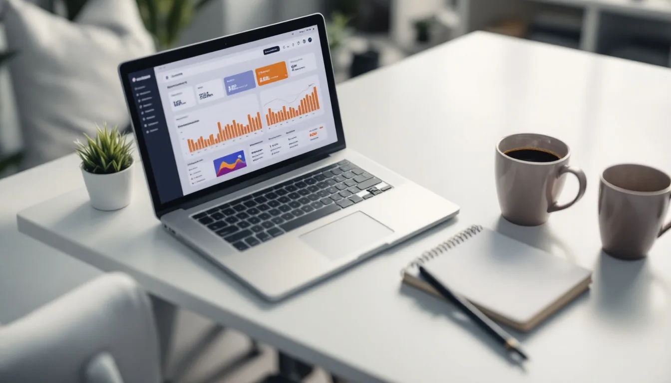 A laptop on a clean desk displaying e-commerce analytics and sales dashboards