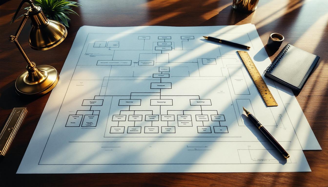 Architectural blueprint of a family office build-out showing labeled organizational zones for investment management, tax planning, estate administration, and operations, with founder approval signature line at bottom