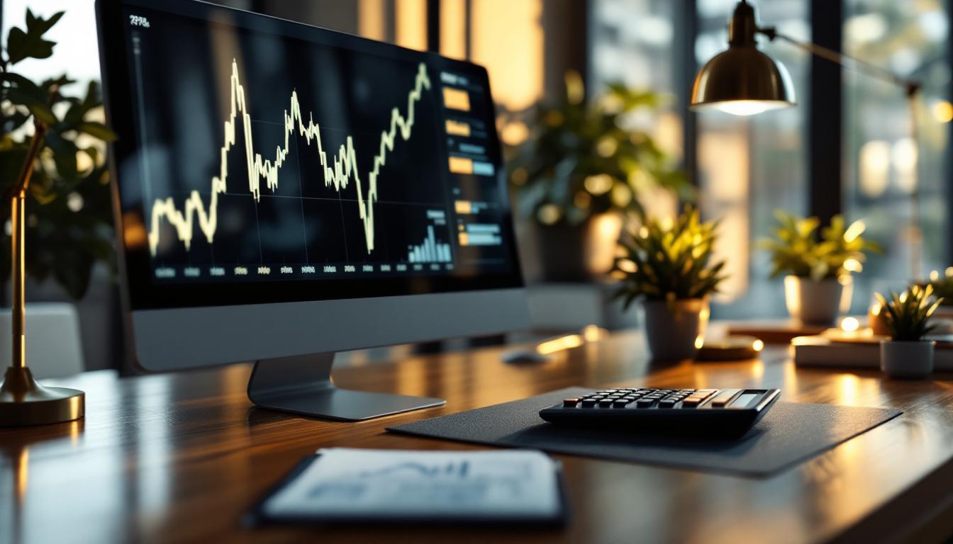 Valuation analysis on executive desk with revenue chart on monitor, calculator showing revenue multiple computation, financial reports highlighting top-line numbers, polished walnut surface with brass desk lamp