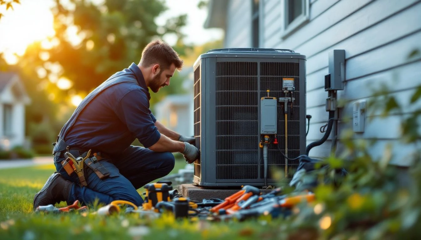 HVAC installation work beside a home