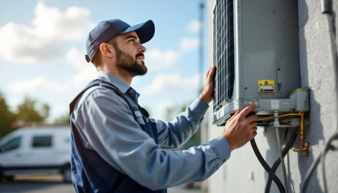 HVAC technician servicing a unit for an established home services business