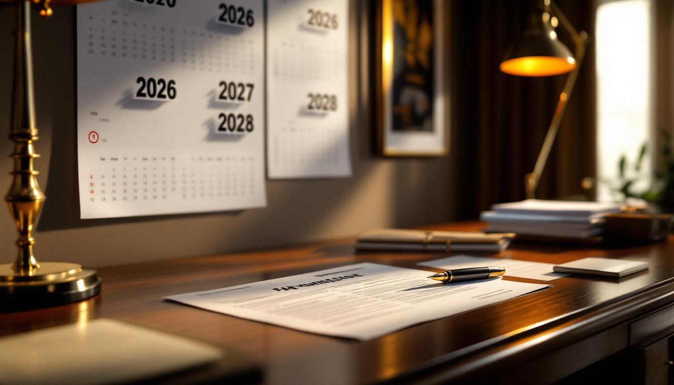 Tax planning desk with calendar showing multi-year tax-payment schedule, signed promissory note, calculator displaying gross profit ratio, and stacked IRS publication binders, representing the installment sale tax-spreading framework