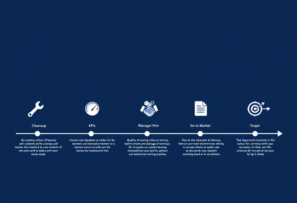 36-month insurance agency exit preparation timeline: cleanup phase, KPI infrastructure and general manager hire, sell-side quality of earnings, and go-to-market with M&A advisor