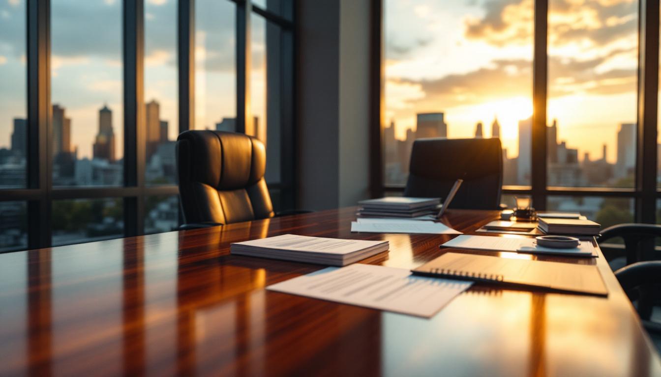 Professional office at golden hour with intellectual property valuation due diligence documents