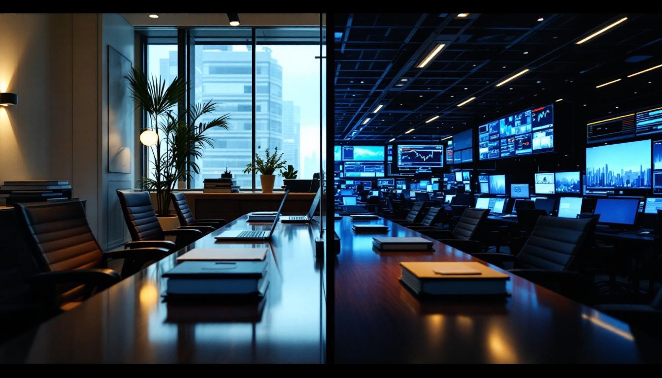 Investment banking vs sales and trading comparison: quiet executive M&A war room on one side with deal documents and laptops, busy trading floor with multi-monitor setups on the other side, both representing different sides of finance careers