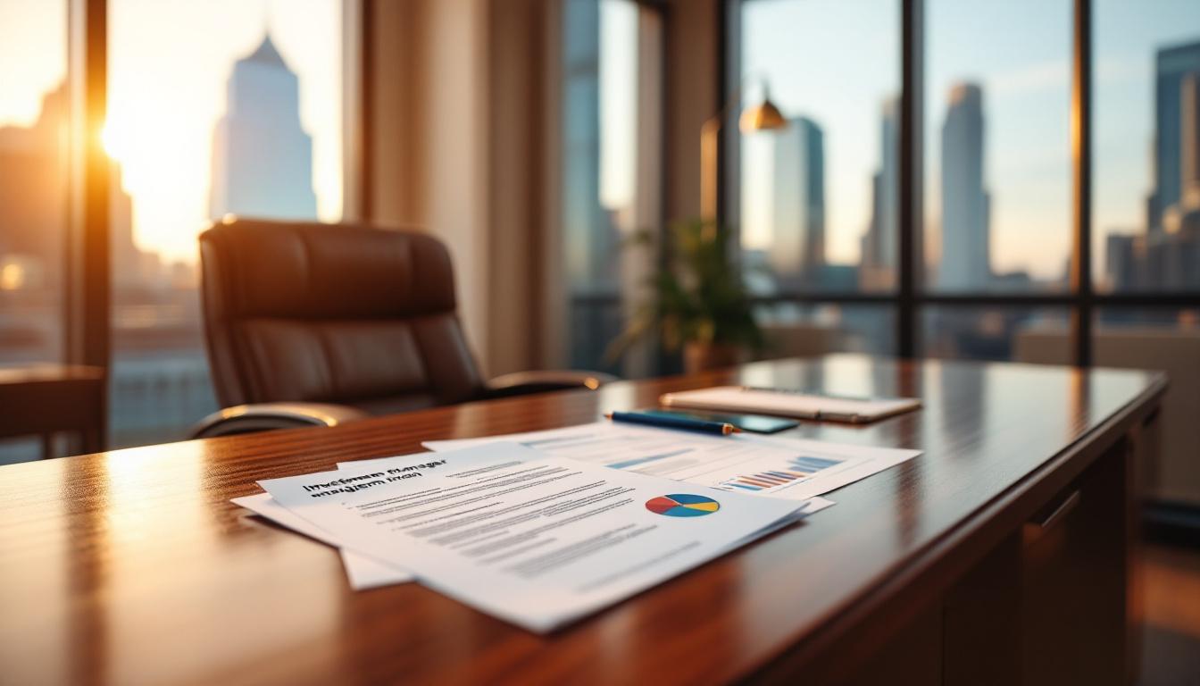 Professional office at golden hour with investment manager due diligence documents