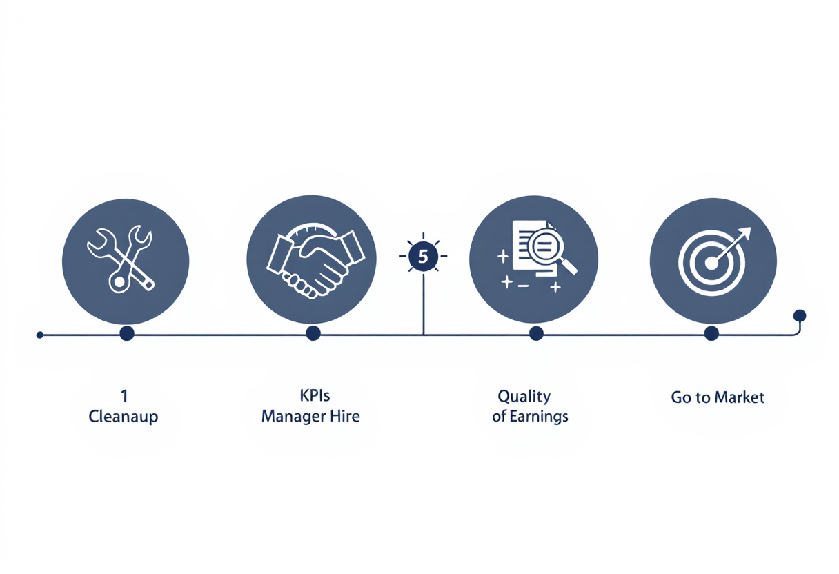 36-month irrigation business exit preparation timeline: cleanup phase, KPI infrastructure and general manager hire, sell-side quality of earnings, and go-to-market with M&A advisor