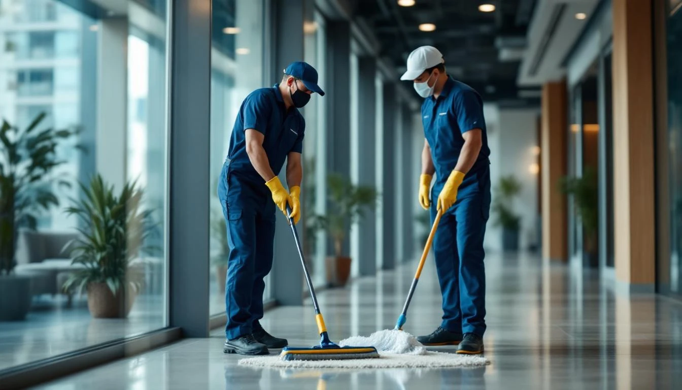 Janitorial crew cleaning a commercial office representing a janitorial business for sale