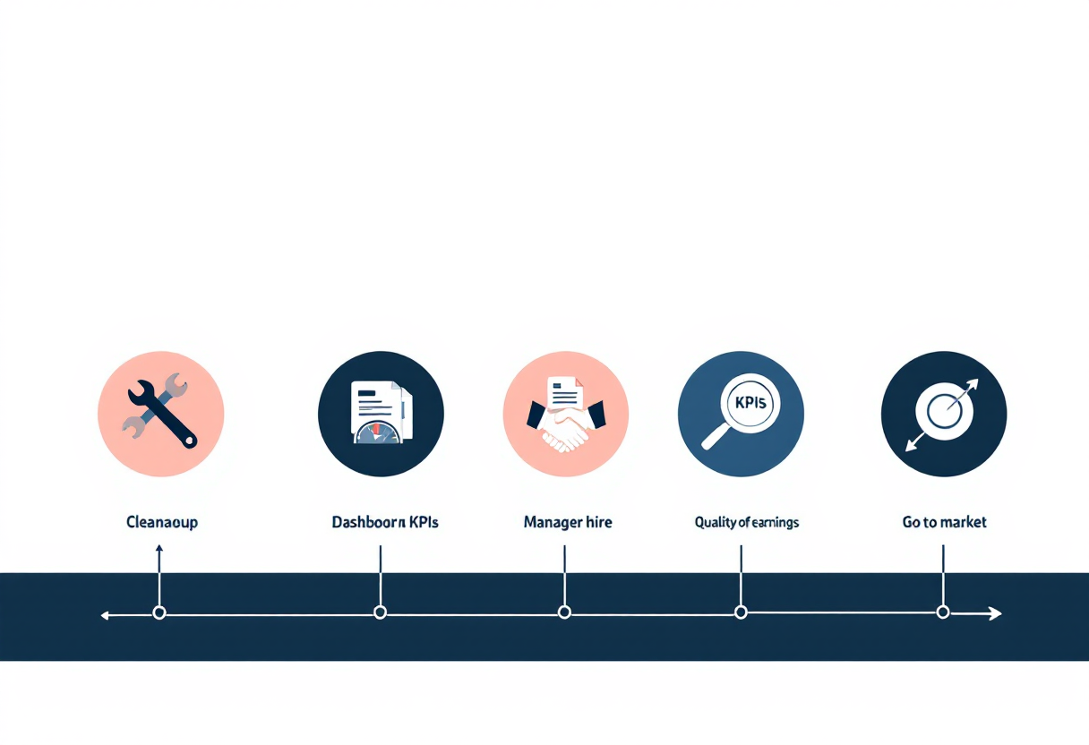 36-month law firm exit preparation timeline: cleanup phase, KPI infrastructure and general manager hire, sell-side quality of earnings, and go-to-market with M&A advisor