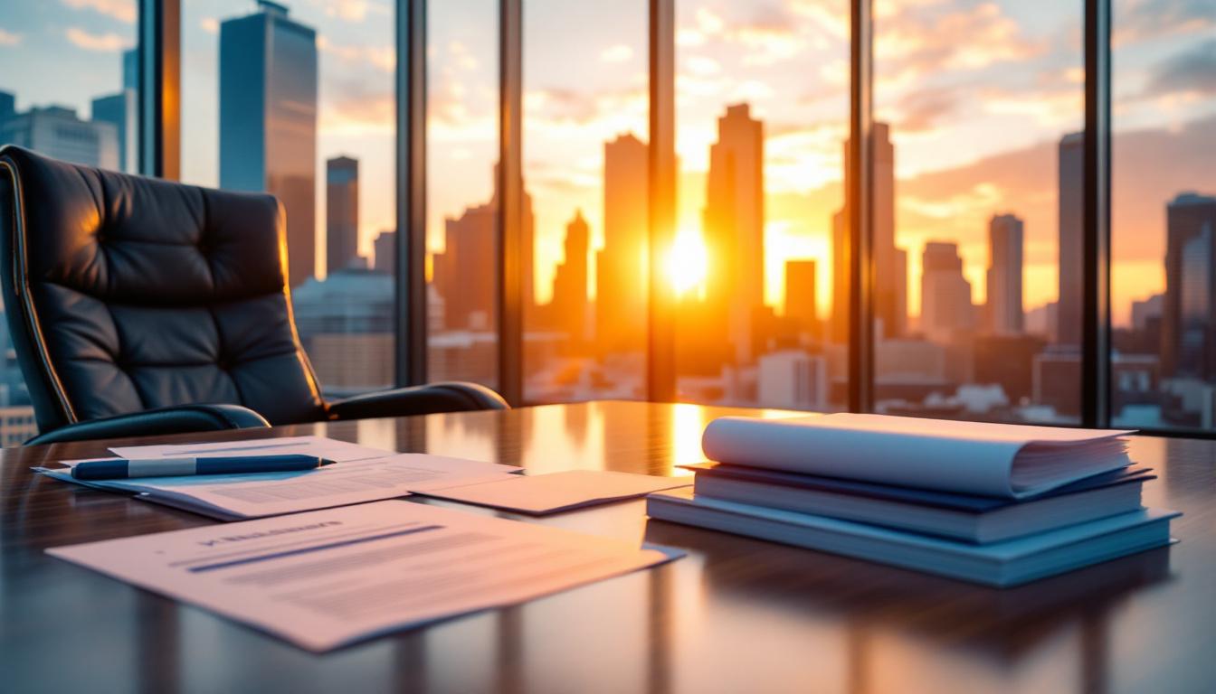 Professional office at golden hour with machinery and equipment valuation due diligence documents