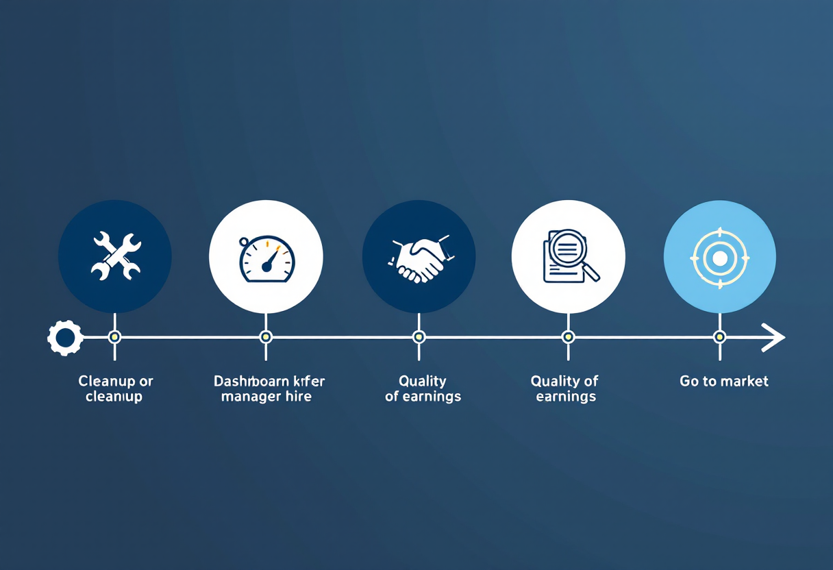 36-month marketing agency exit preparation timeline: cleanup phase, KPI infrastructure and general manager hire, sell-side quality of earnings, and go-to-market with M&A advisor