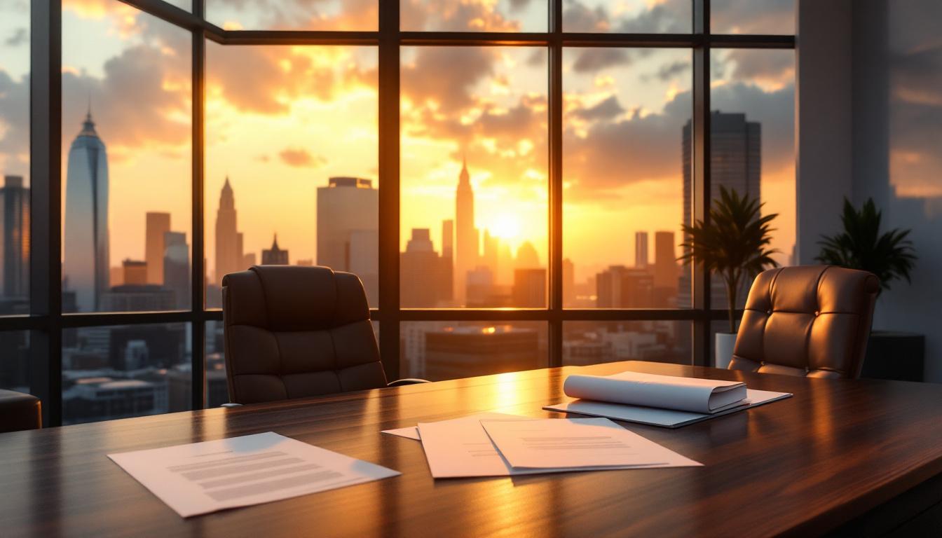 Professional office at golden hour with mortgage company acquisition due diligence documents