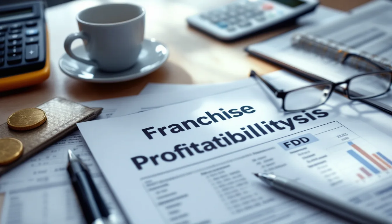Editorial photograph of a franchise profitability analysis desk with financial spreadsheets, an FDD, and a coffee cup under soft daylight