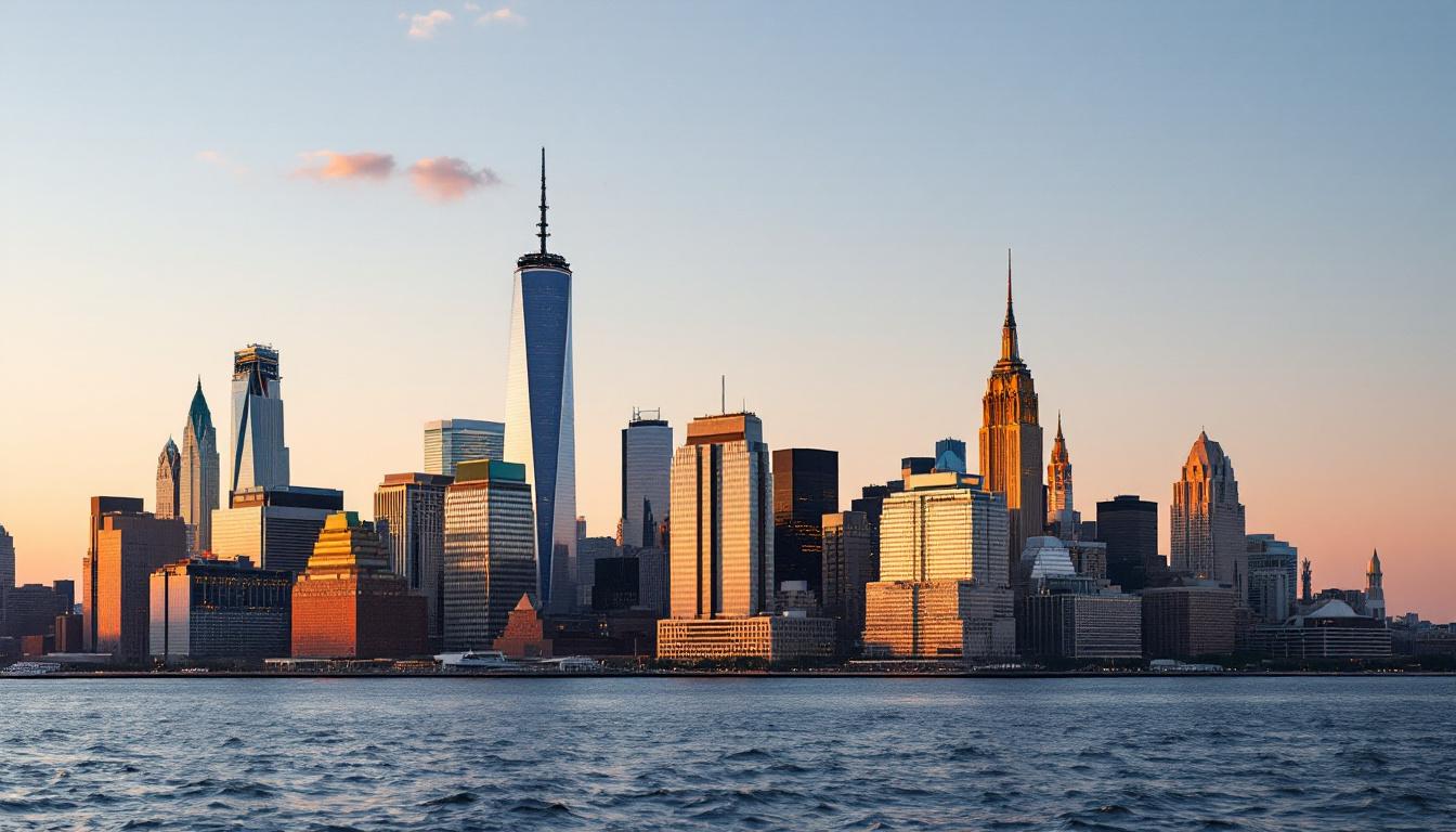 Manhattan skyline at golden hour from across the East River