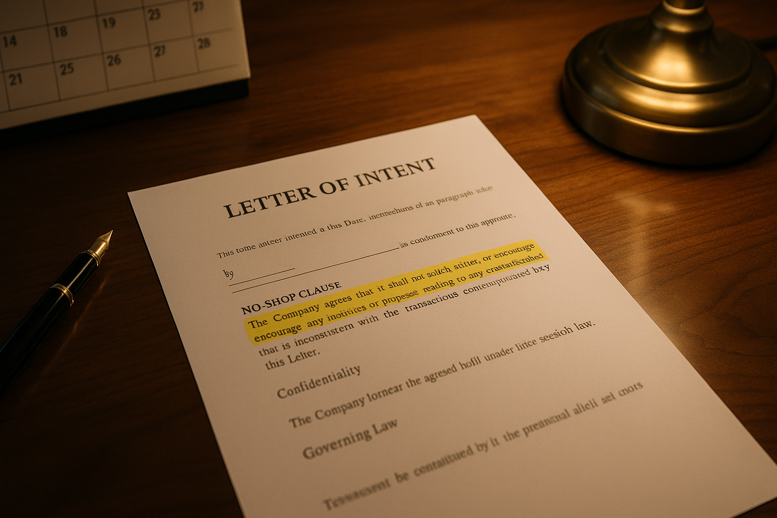 LOI document with no-shop clause highlighted on executive desk, calendar showing 30-90 day exclusivity period circled, brass desk lamp casting warm golden light