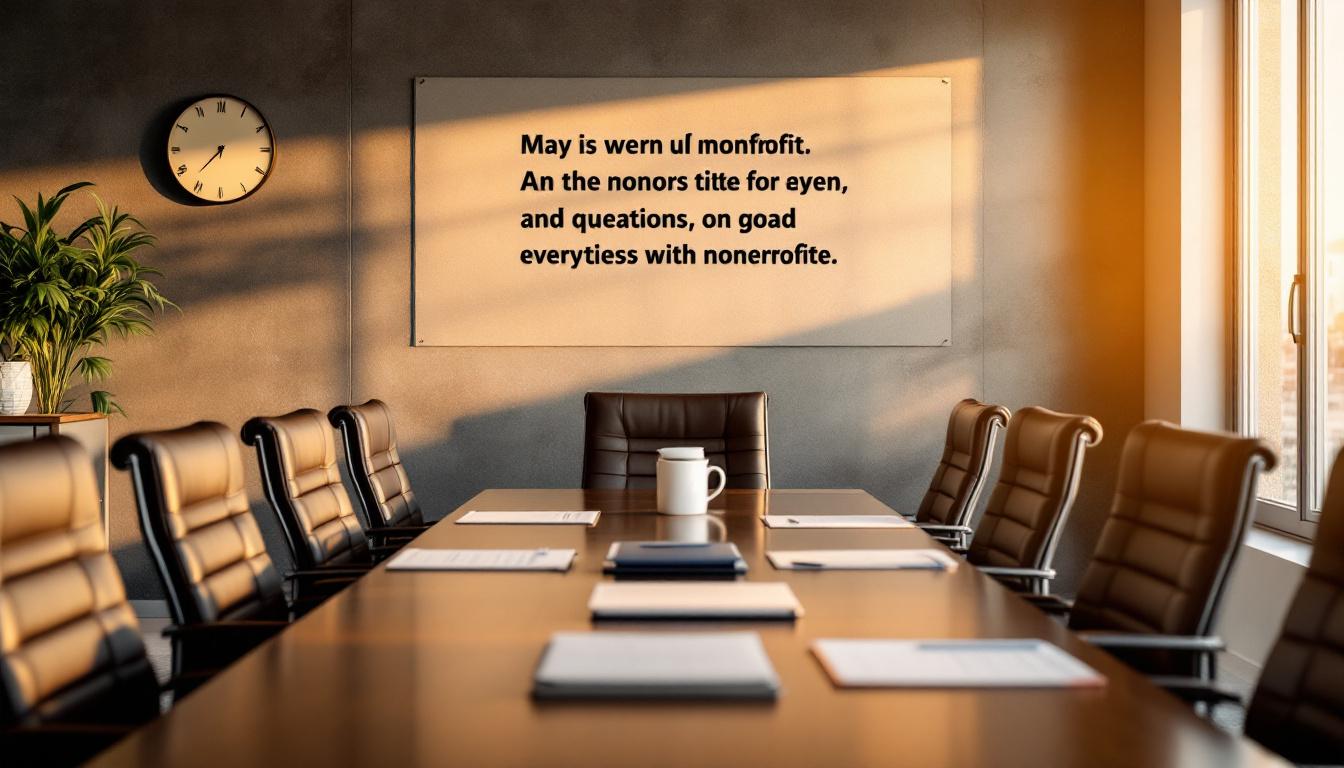 Nonprofit board room at golden hour with conference table and mission wall
