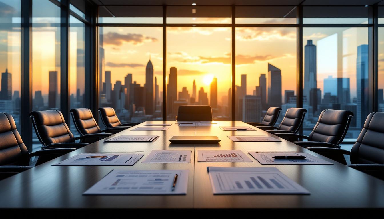 Executive boardroom at golden hour with strategic planning documents