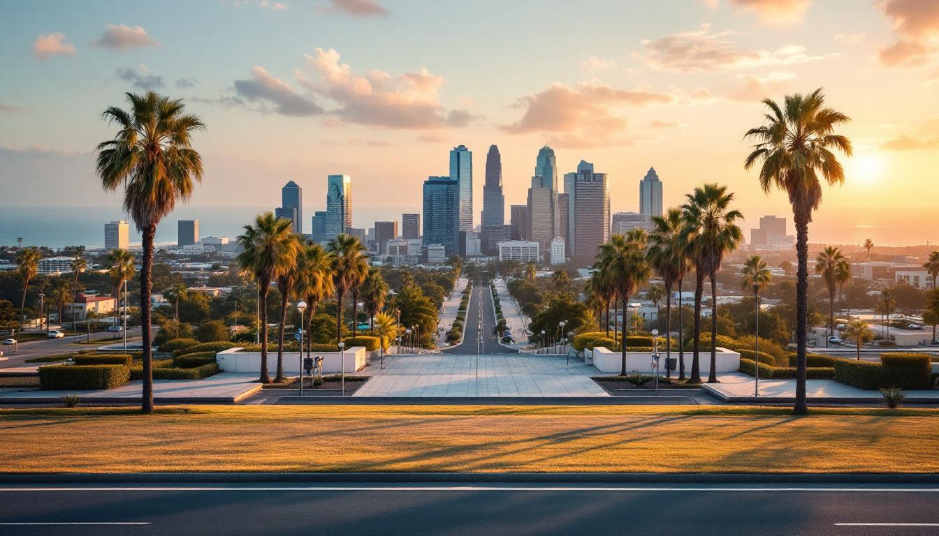 Orange County California skyline at golden hour with palm trees