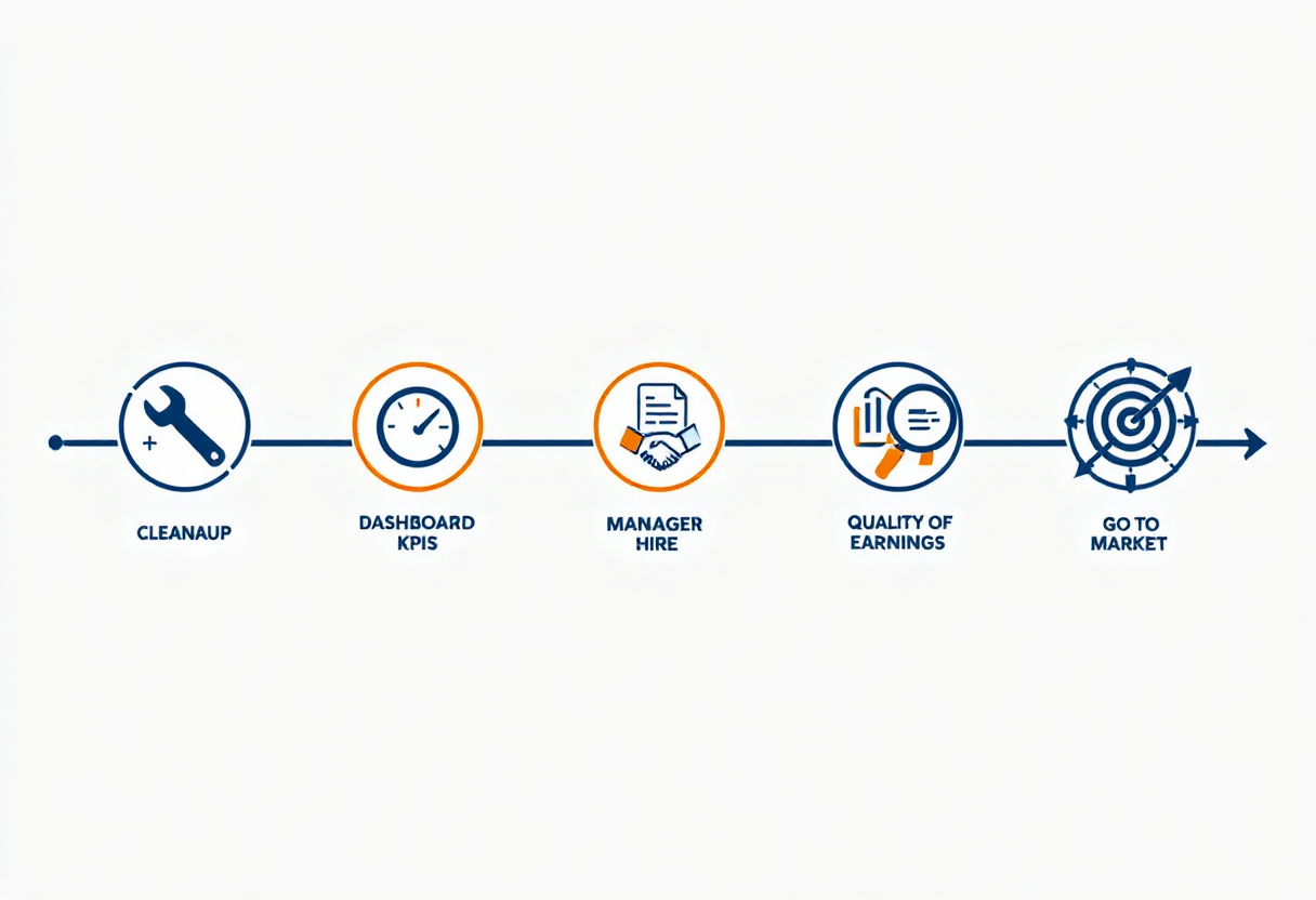 36-month painting business exit preparation timeline: cleanup phase, KPI infrastructure and general manager hire, sell-side quality of earnings, and go-to-market with M&A advisor