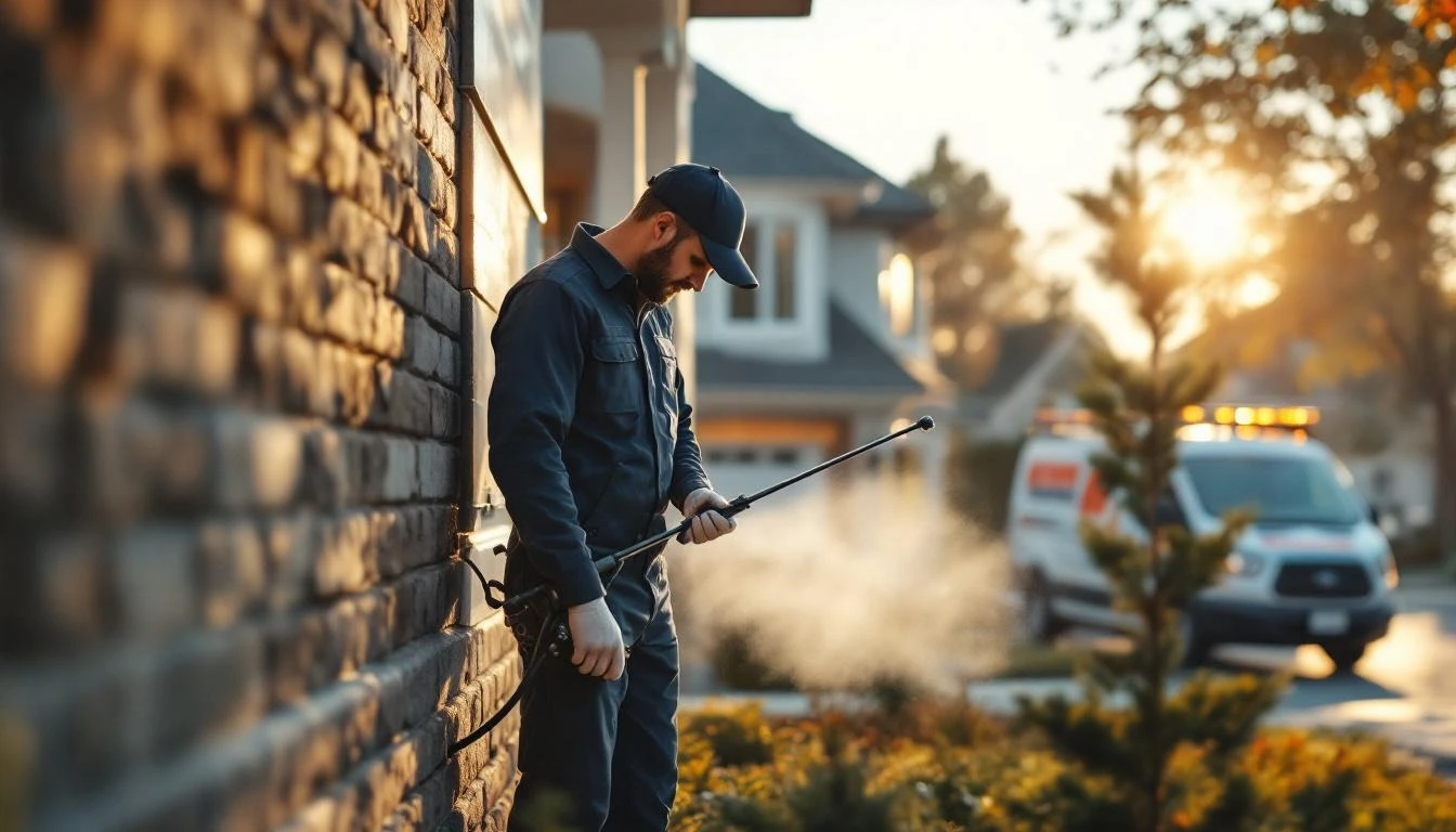 Pest control technician servicing a home for an established route-based business