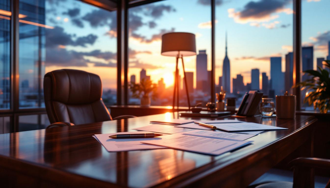 Professional office at golden hour with pharmacy valuation due diligence documents