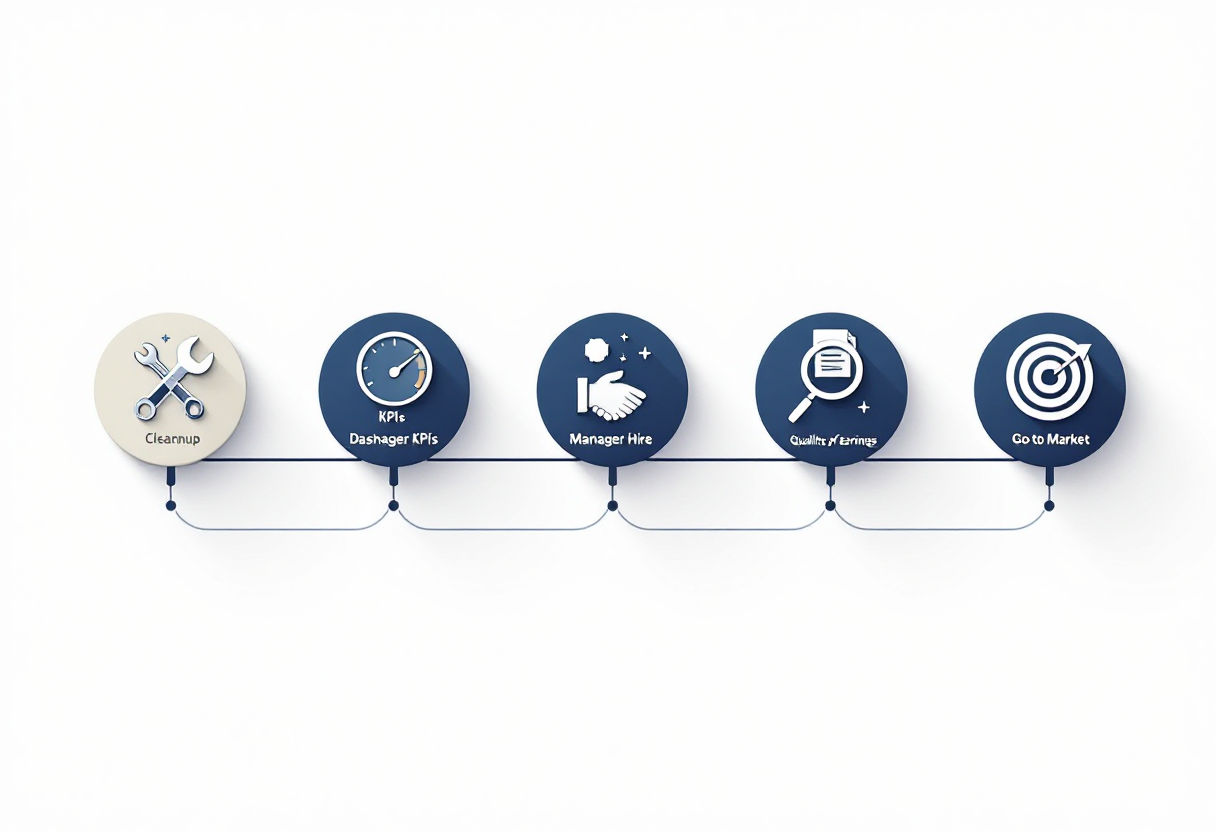 36-month physical therapy practice exit preparation timeline: cleanup phase, KPI infrastructure and general manager hire, sell-side quality of earnings, and go-to-market with M&A advisor