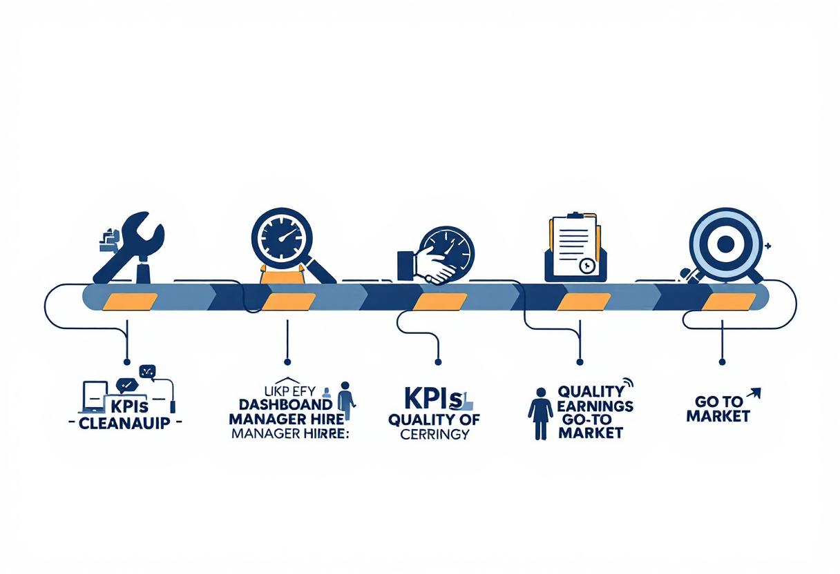 36-month pool service business exit preparation timeline: cleanup phase, KPI infrastructure and general manager hire, sell-side quality of earnings, and go-to-market with M&A advisor