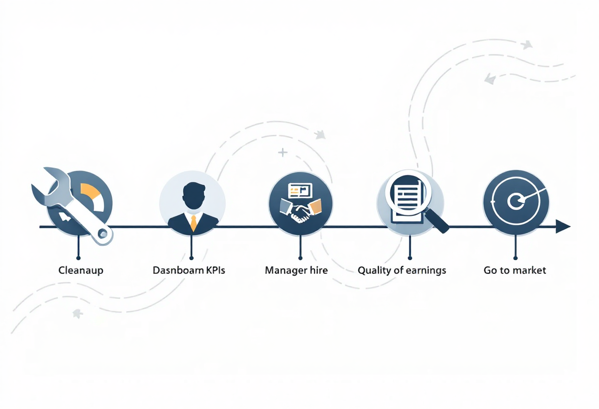 36-month pressure washing business exit preparation timeline: cleanup phase, KPI infrastructure and general manager hire, sell-side quality of earnings, and go-to-market with M&A advisor