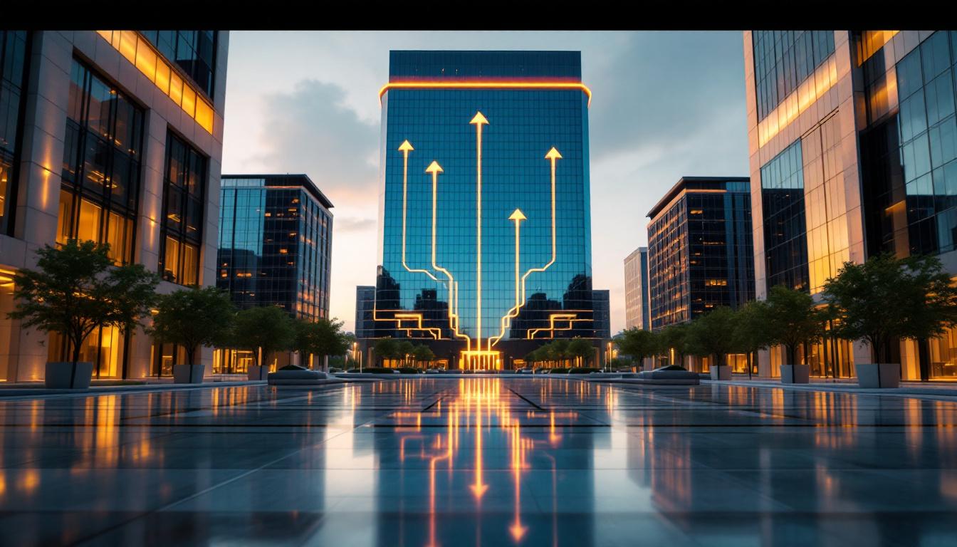 Roll-up strategy concept: large central platform business with multiple smaller bolt-on businesses joining via concentric architecture, financial growth arrows, polished walnut boardroom table