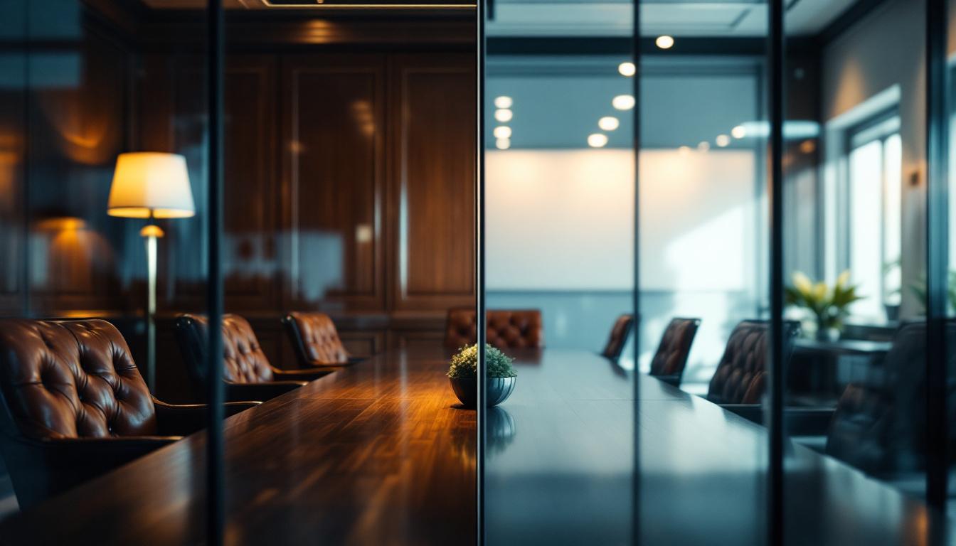 PE vs VC concept: two adjacent boardroom buildings, left side traditional mahogany boardroom (PE - established business acquisition), right side modern glass startup pitch room (VC - early-stage investment), both connected by a financial flow visualization