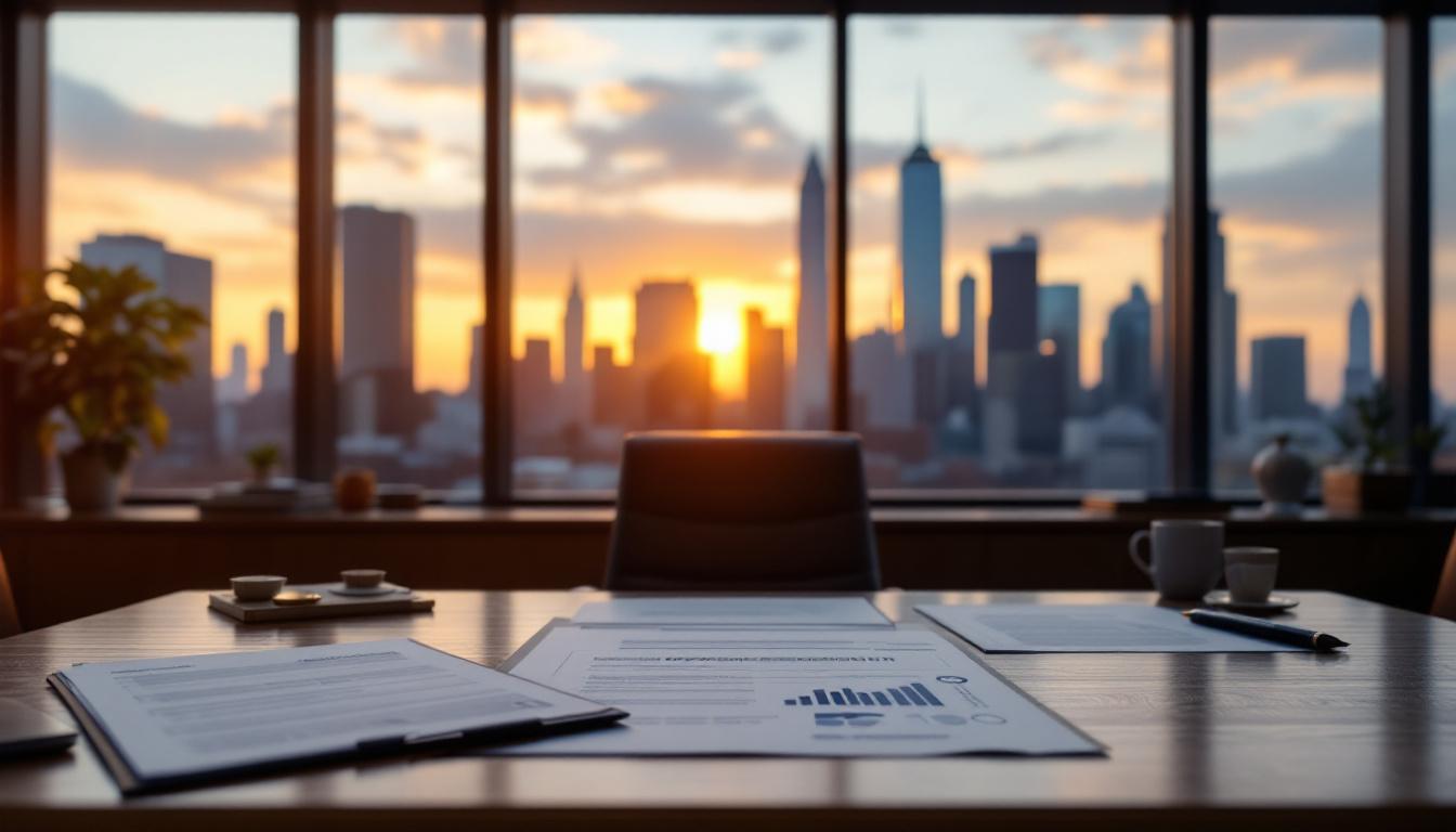 Professional office at golden hour with property development due diligence documents