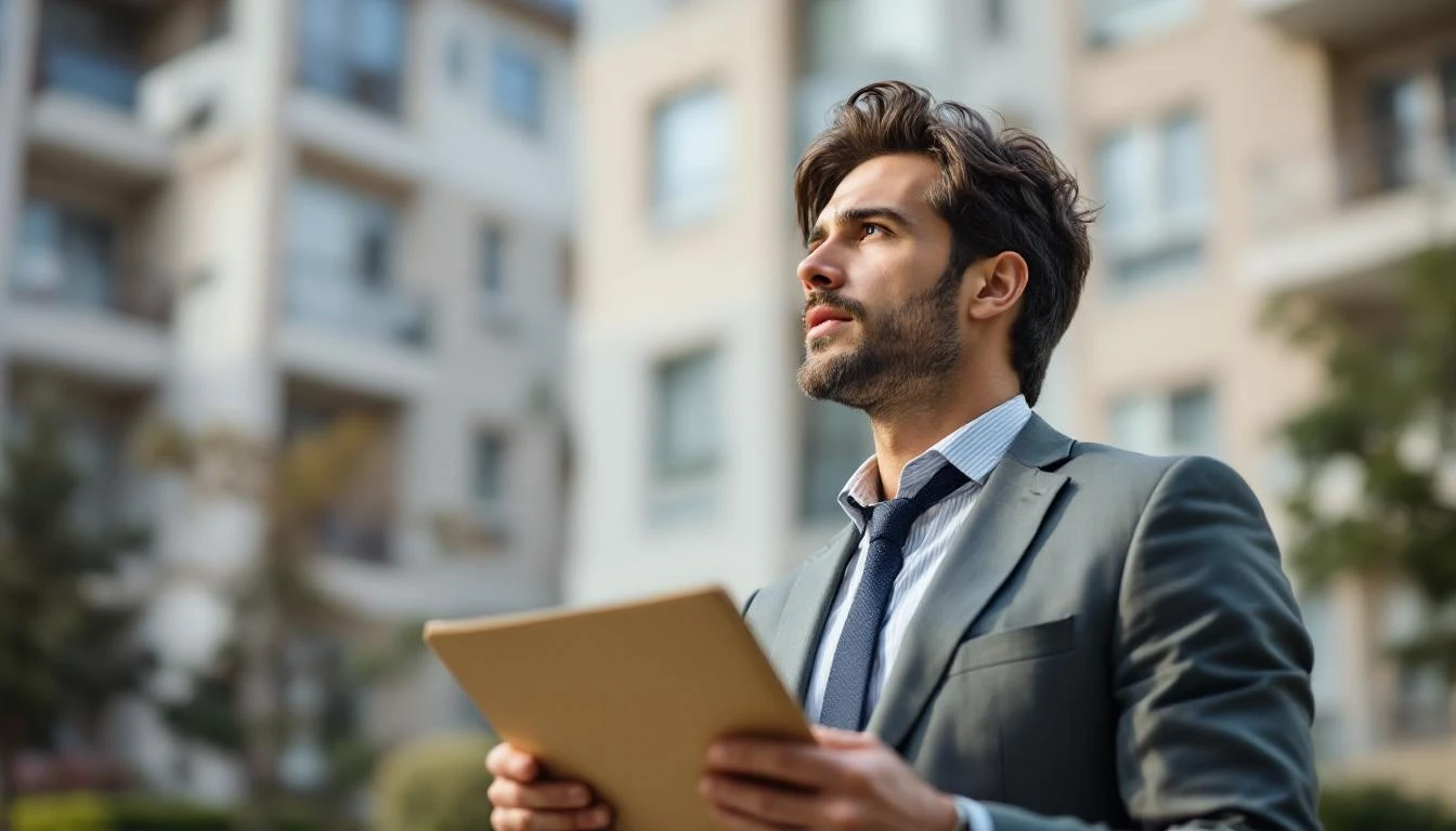 Property manager reviewing an apartment building, representing a property management company for sale