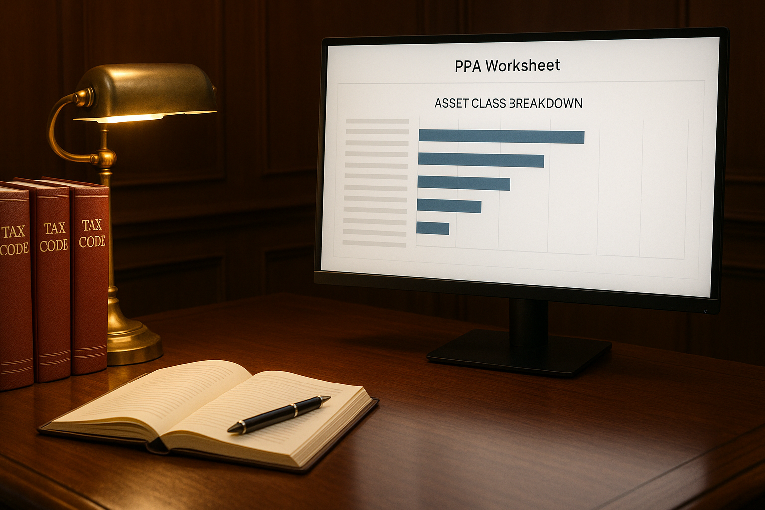 Purchase price allocation worksheet on executive desk showing Class I-VII asset allocation breakdown, tax calculations, fountain pen, brass desk lamp warm light