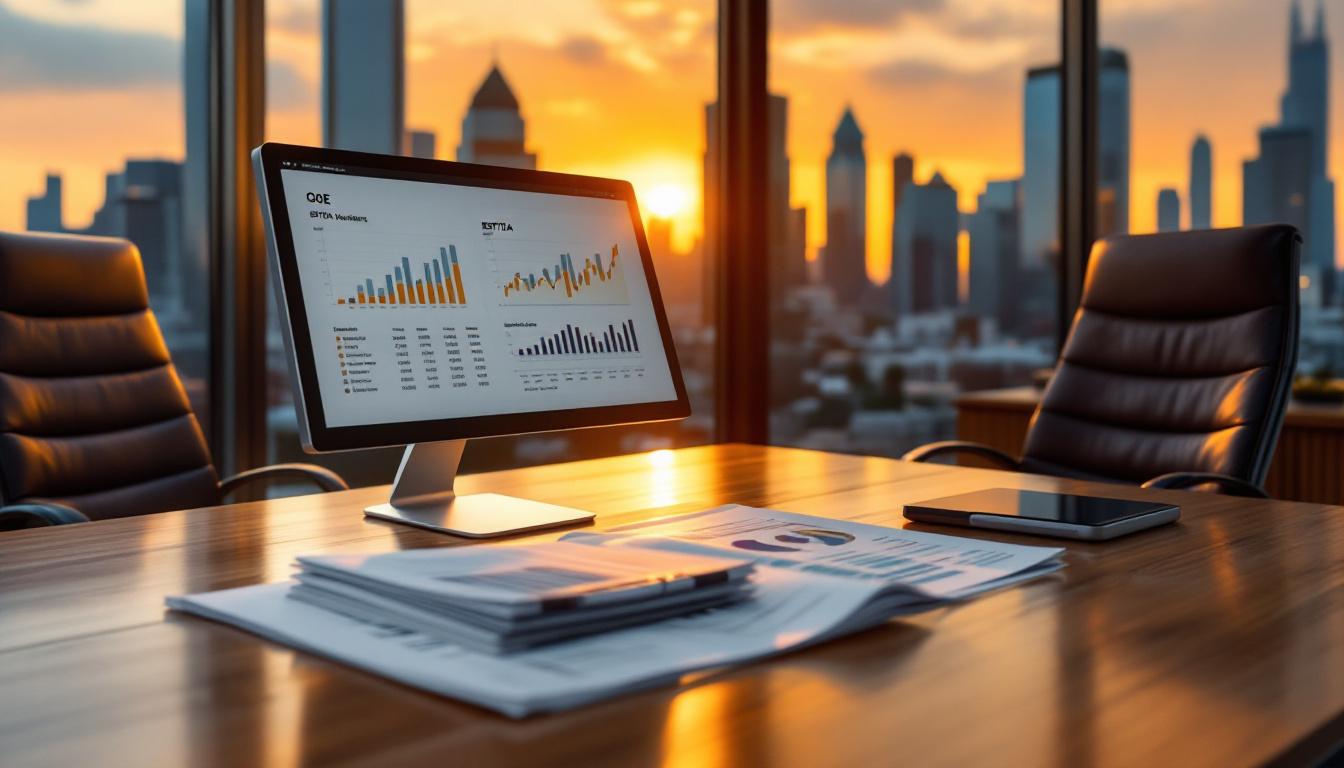 Accounting firm office at golden hour with Quality of Earnings reports and EBITDA analysis on monitors