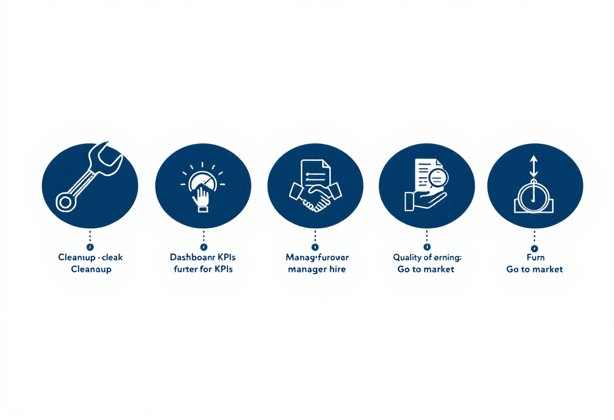 36-month recruiting firm exit preparation timeline: cleanup phase, KPI infrastructure and general manager hire, sell-side quality of earnings, and go-to-market with M&A advisor