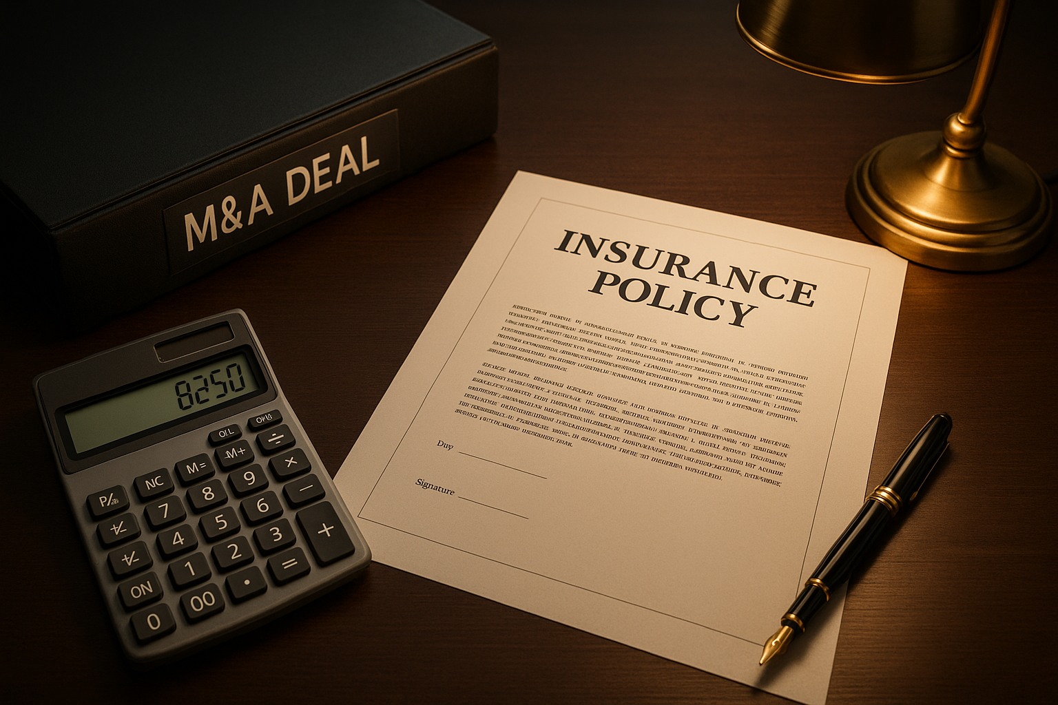 Rep and warranty insurance policy document on executive desk with M&A deal terms, fountain pen, calculator showing premium calculation, brass desk lamp warm light