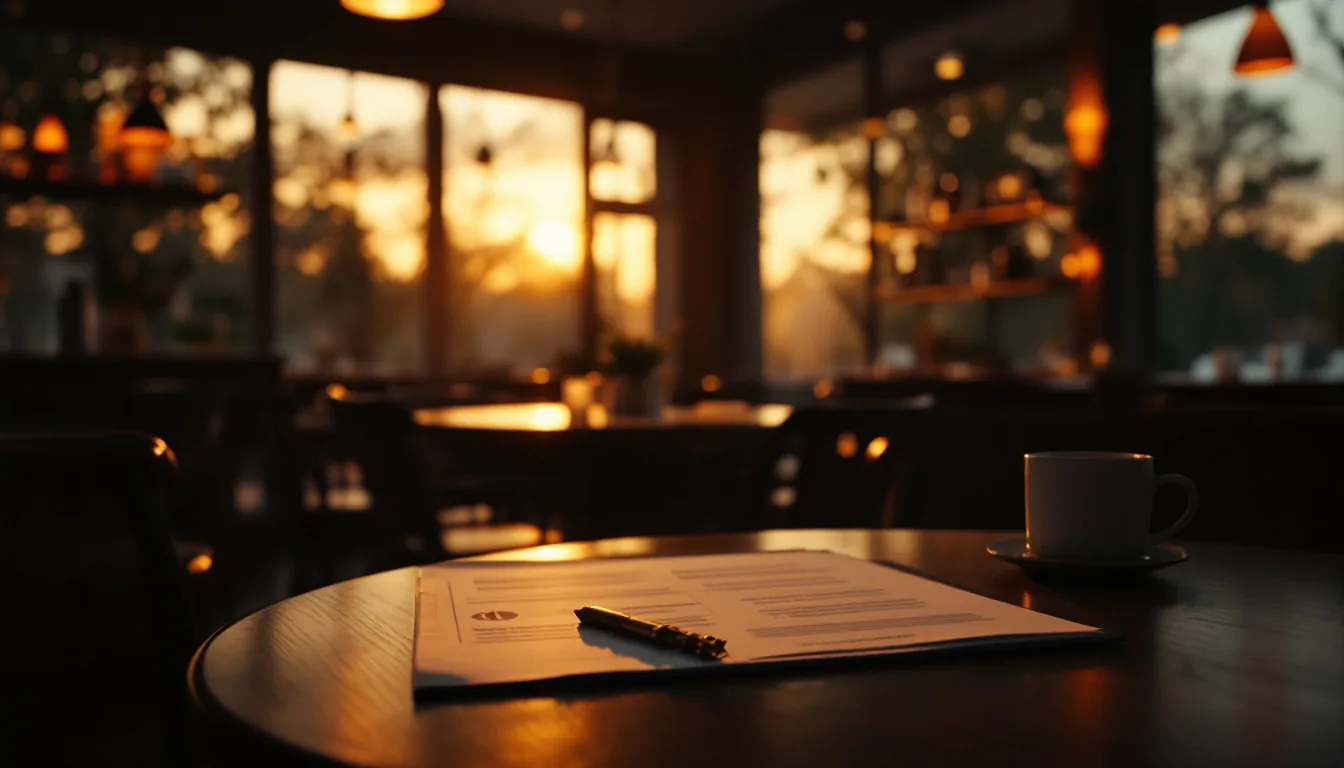 Closed restaurant dining room with for-sale signage and a folder of financial documents on a table