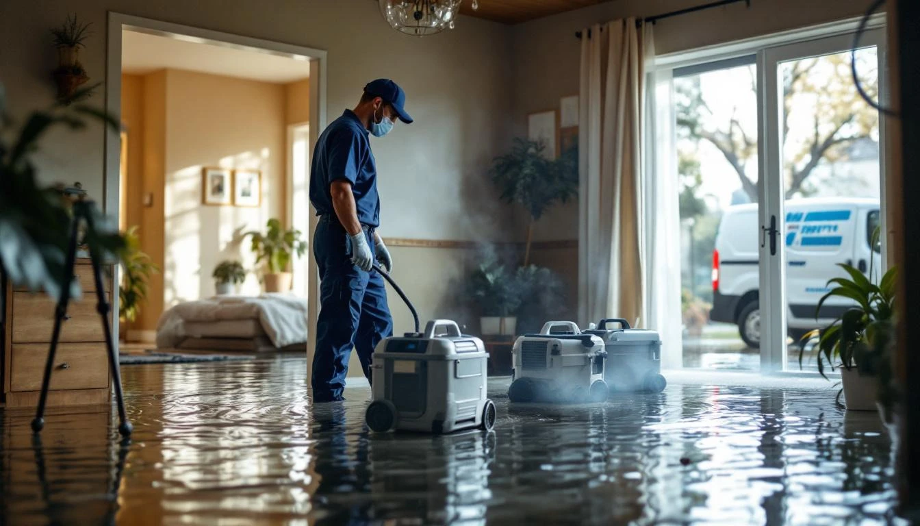 Water damage restoration technician servicing a property for an established disaster restoration business